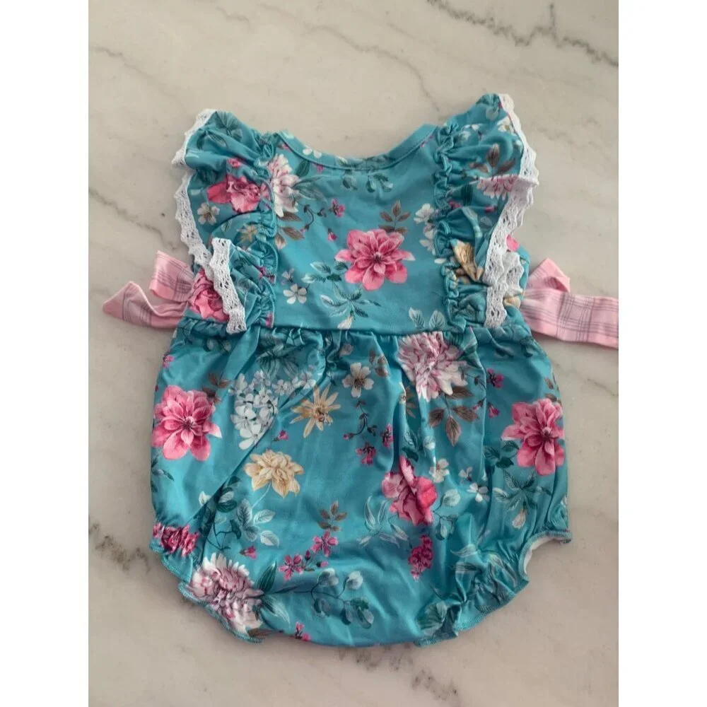 Baby Floral Ruffle Romper With Lace Trim & Pink Bow Detail 3-6M Polyester & Span